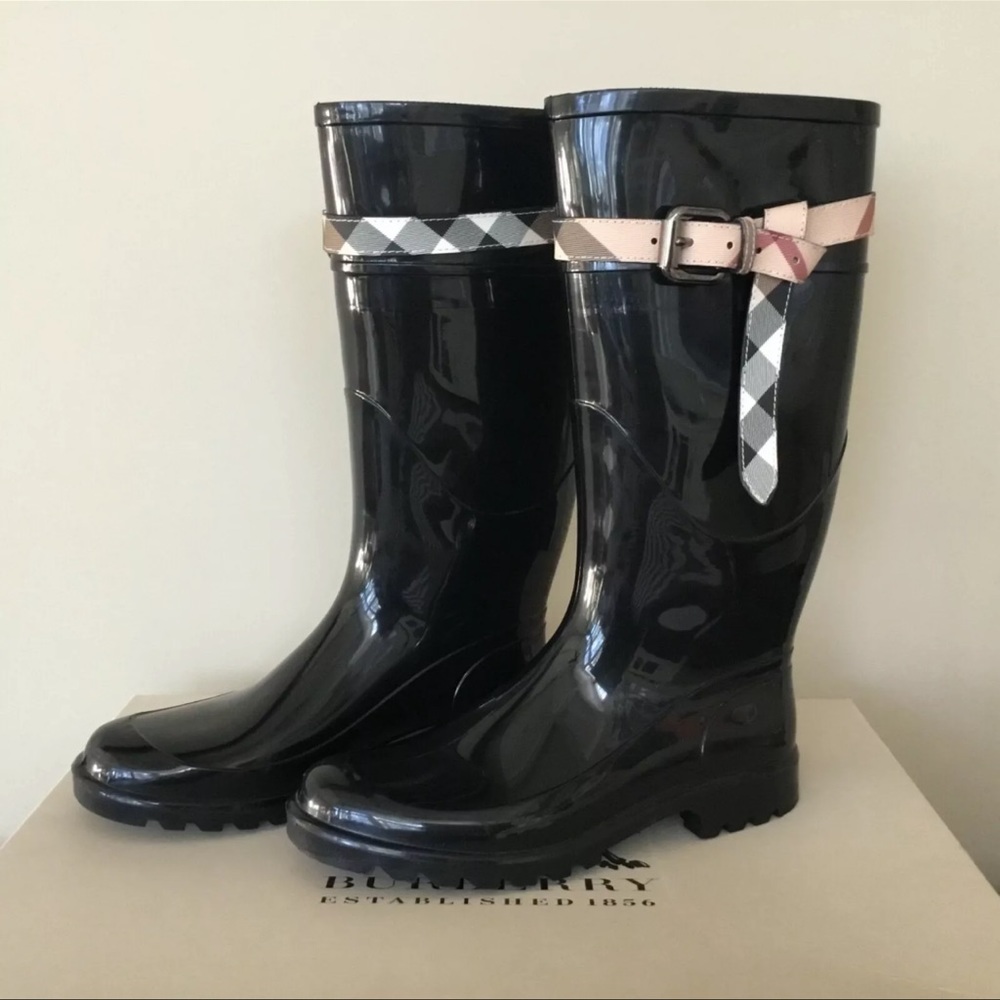 Burberry Black Patent Rain Boots with Check-Accent Strap
